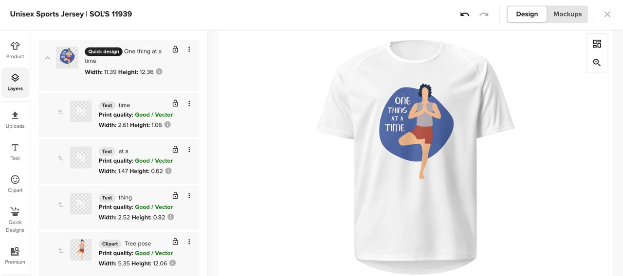 a screenshot of the printful design maker showing a sports-themed design on a white t-shirt